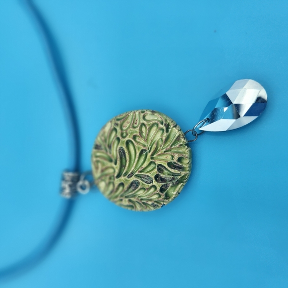 Green and Blue Face Ceramic Pendant Necklace With Crystal Dangle - Picture 6 of 6